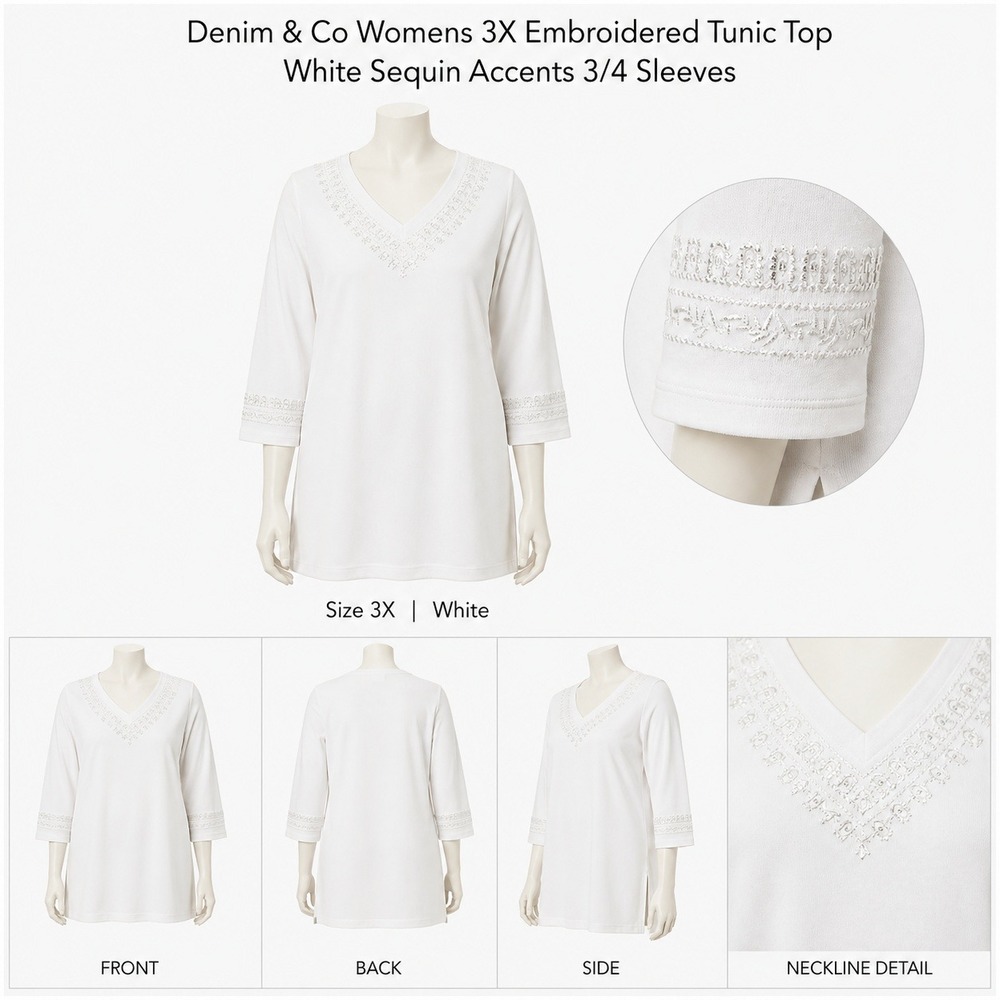 Denim & Co Womens 3X Embroidered Tunic Top White Sequin Accents 3/4 Sleeve A7577